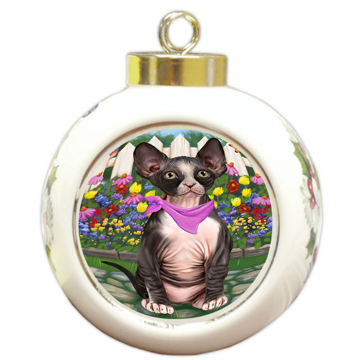 Spring Floral Sphynx Cat Round Ball Christmas Ornament RBPOR52279