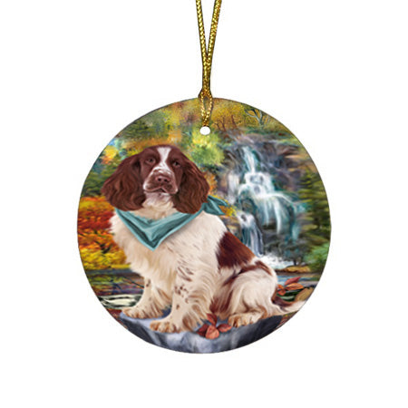 Scenic Waterfall Springer Spaniel Dog Round Flat Christmas Ornament RFPOR54808