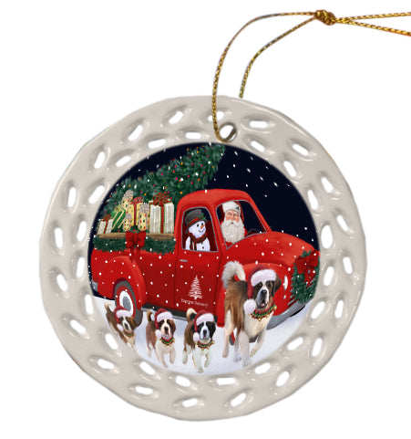 Christmas Express Delivery Red Truck Running Saint Bernard Dog Doily Ornament DPOR59301