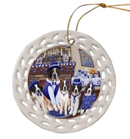Happy Hanukkah Family St. Bernard Dogs Doily Ornament DPOR57924