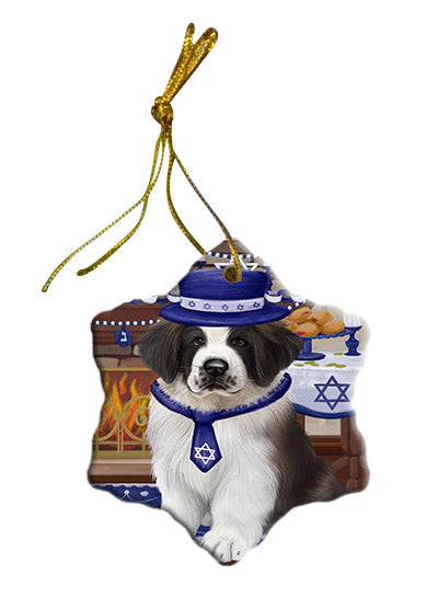 Happy Hanukkah Saint Bernard Dog Star Porcelain Ornament SPOR57800