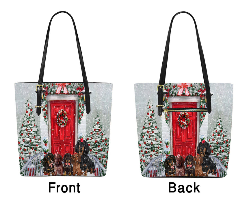 Christmas Holiday Welcome Red Door Dachshund Dogs Euramerican Tote Bag