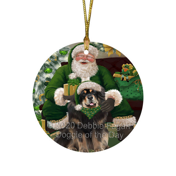 Christmas Irish Santa with Gift and Tibetan Mastiff Dog Round Flat Christmas Ornament RFPOR57973