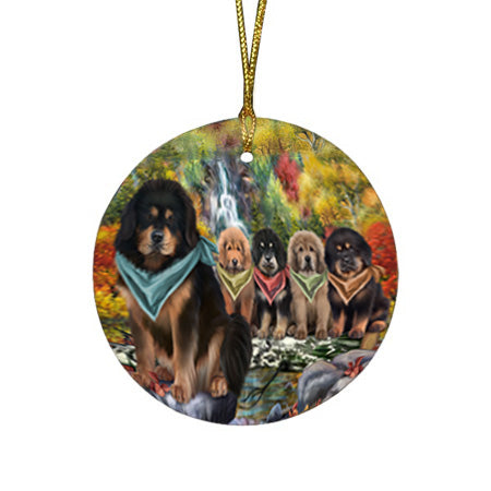Scenic Waterfall Tibetan Mastiffs Dog Round Flat Christmas Ornament RFPOR54813
