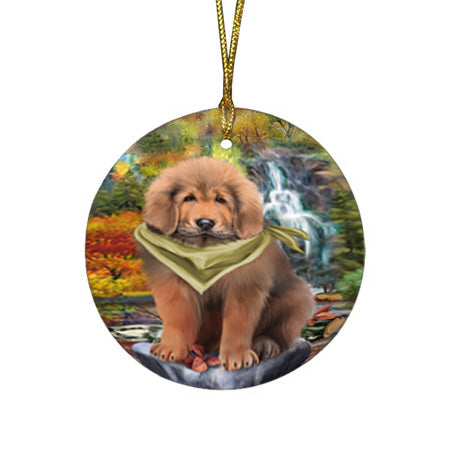 Scenic Waterfall Tibetan Mastiff Dog Round Flat Christmas Ornament RFPOR54817