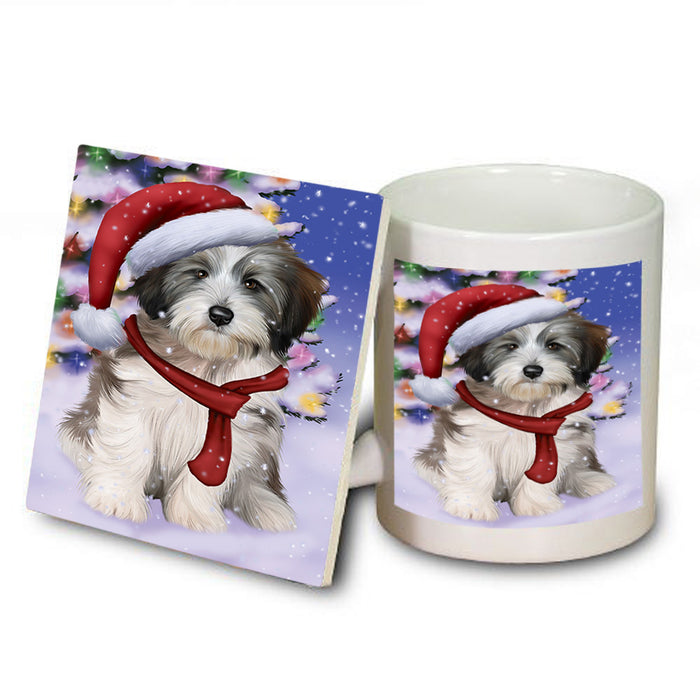 Winterland Wonderland Tibetan Terrier Dog In Christmas Holiday Scenic Background  Mug and Coaster Set MUC53420