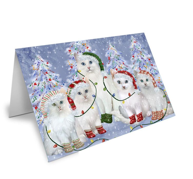 Christmas Lights and Turkish Angora Cats Handmade Artwork Assorted Pets Greeting Cards and Note Cards with Envelopes for All Occasions and Holiday Seasons
