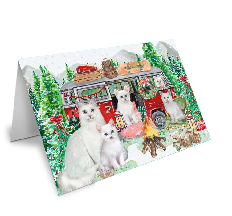 Christmas Time Camping with Turkish Angora Cats Handmade Artwork Assorted Pets Greeting Cards and Note Cards with Envelopes for All Occasions and Holiday Seasons