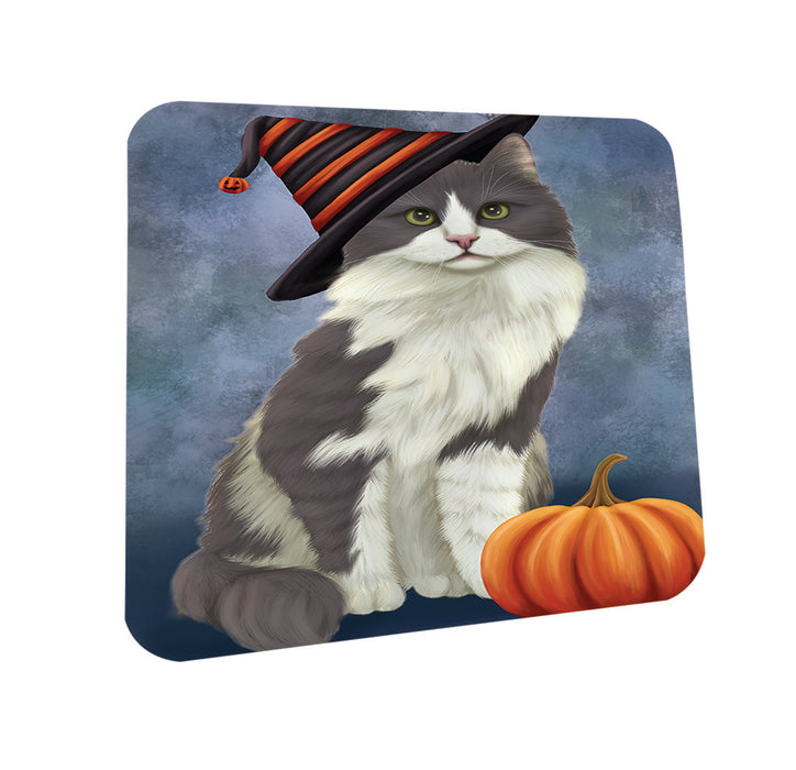 Happy Halloween Turkish Angora Cat Wearing Witch Hat with Pumpkin Coasters Set of 4 CST54787