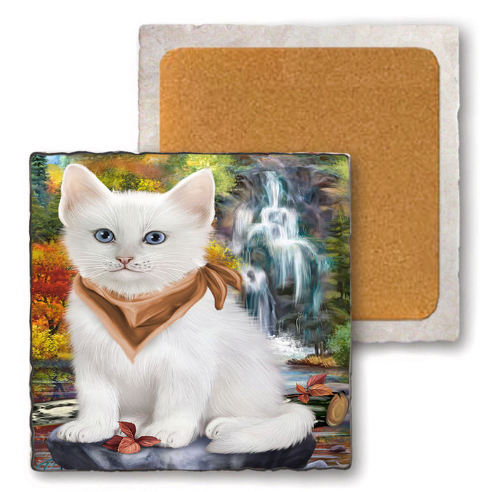Scenic Waterfall Turkish Angora Cat Set of 4 Natural Stone Marble Tile Coasters MCST49702