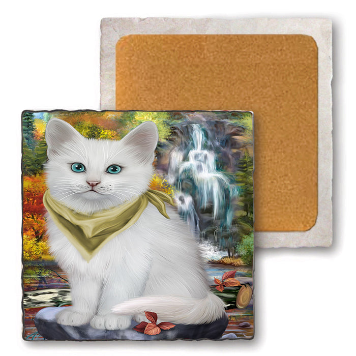 Scenic Waterfall Turkish Angora Cat Set of 4 Natural Stone Marble Tile Coasters MCST49704