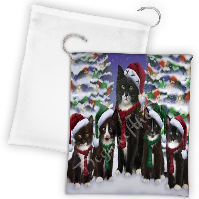 Tuxedo Cats Christmas Family Portrait in Holiday Scenic Background Drawstring Laundry or Gift Bag LGB48185