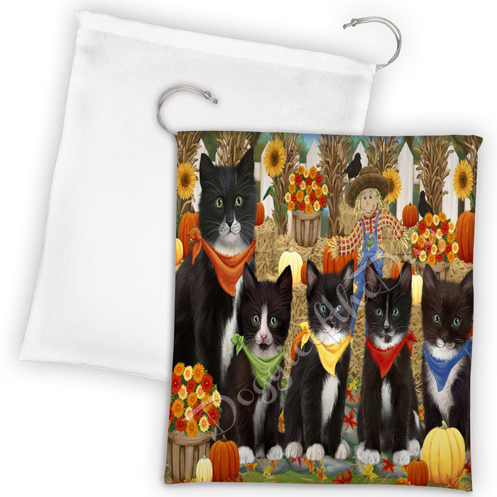 Fall Festive Harvest Time Gathering Tuxedo Cats Drawstring Laundry or Gift Bag LGB48447