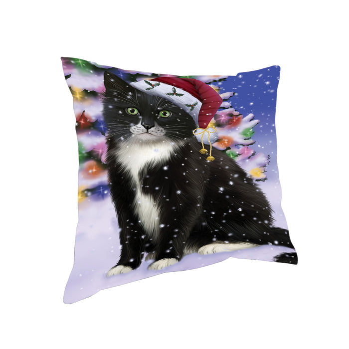 Winterland Wonderland Tuxedo Cat In Christmas Holiday Scenic Background Pillow PIL71760