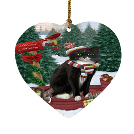 Merry Christmas Woodland Sled Tuxedo Cat Heart Christmas Ornament HPOR55417