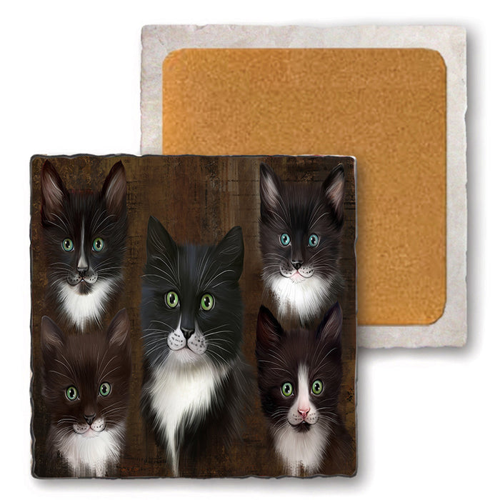 Rustic 5 Tuxedo Cat Set of 4 Natural Stone Marble Tile Coasters MCST49151