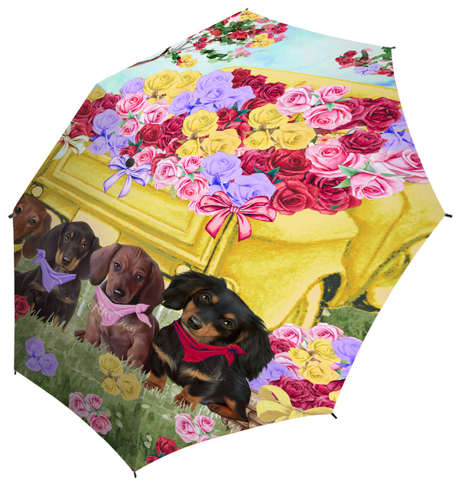 Floral Yellow Truck Dachshund Dog Grey Semi-Automatic Foldable Umbrella