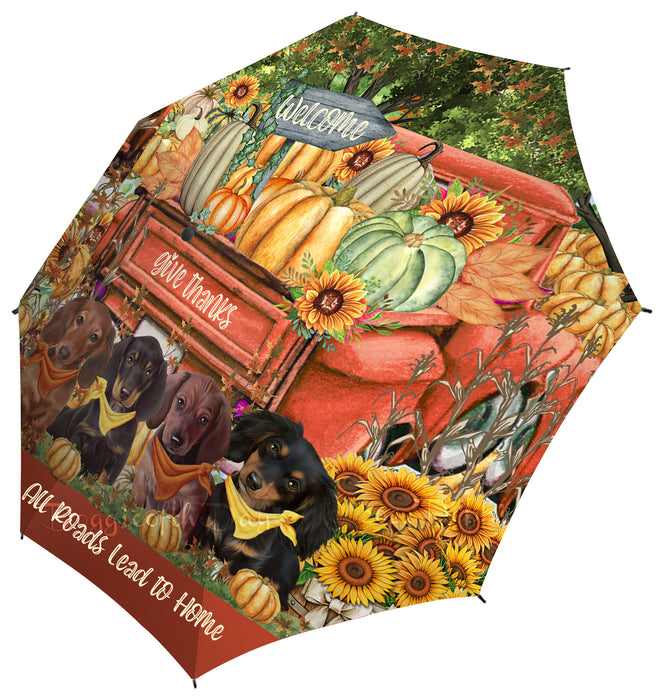 All Roads Lead to Home Orange Truck Harvest Fall Pumpkin Dachshund Dog Grey Semi-Automatic Foldable Umbrella
