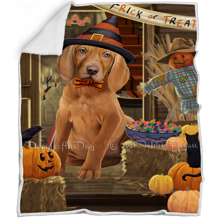 Enter at Own Risk Trick or Treat Halloween Vizsla Dog Blanket BLNKT97293