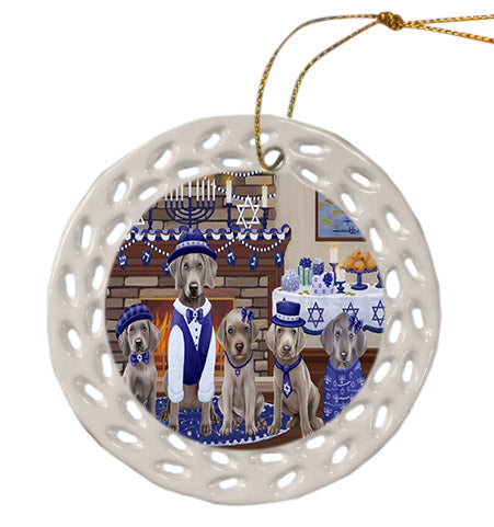 Happy Hanukkah Family Weimaraner Dogs Ceramic Doily Ornament DPOR57744