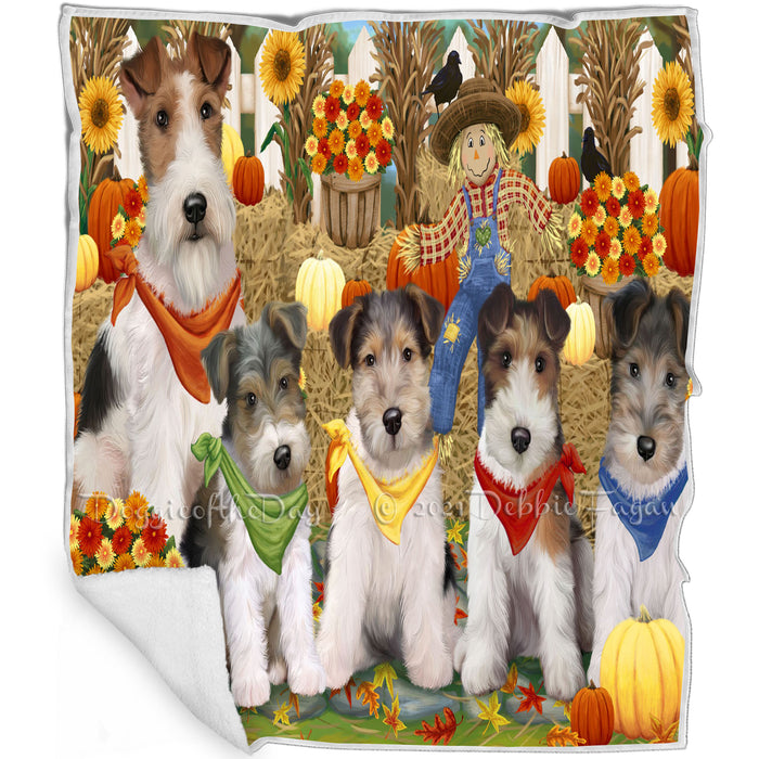 Fall Festive Gathering Wire Fox Terrier Dogs with Pumpkins Blanket BLNKT142424
