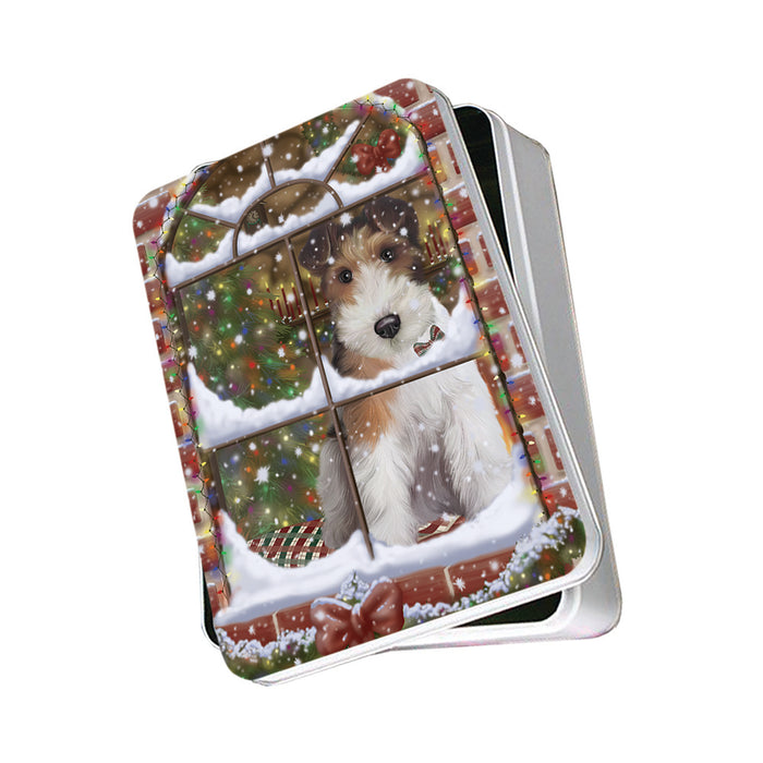 Please Come Home For Christmas Wire Fox Terrier Dog Sitting In Window Photo Storage Tin PITN57569