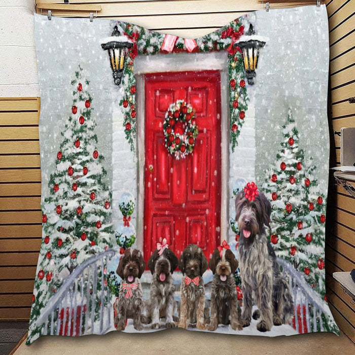 Christmas Holiday Welcome Wirehaired Pointing Griffon Dogs  Quilt Bed Coverlet Bedspread - Pets Comforter Unique One-side Animal Printing - Soft Lightweight Durable Washable Polyester Quilt