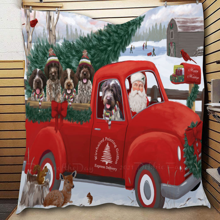 Christmas Santa Express Delivery Red Truck Wirehaired Pointing Griffon Dogs  Quilt Bed Coverlet Bedspread - Pets Comforter Unique One-side Animal Printing - Soft Lightweight Durable Washable Polyester Quilt