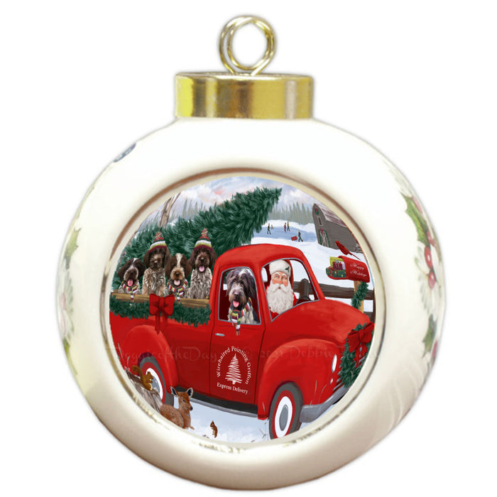 Christmas Santa Express Delivery Red Truck Wirehaired Pointing Griffon Dogs Round Ball Christmas Ornament Pet Decorative Hanging Ornaments for Christmas X-mas Tree Decorations - 3" Round Ceramic Ornament