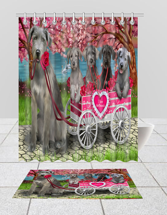 I Love Wolfhound Dogs in a Cart Bath Mat and Shower Curtain Combo