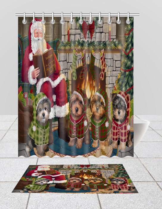 Christmas Cozy Holiday Fire Tails Yorkipoo Dogs Bath Mat and Shower Curtain Combo