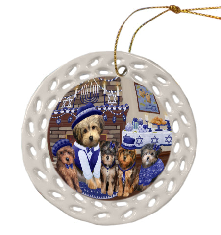 Happy Hanukkah Family Yorkipoo Dogs Doily Ornament DPOR57933