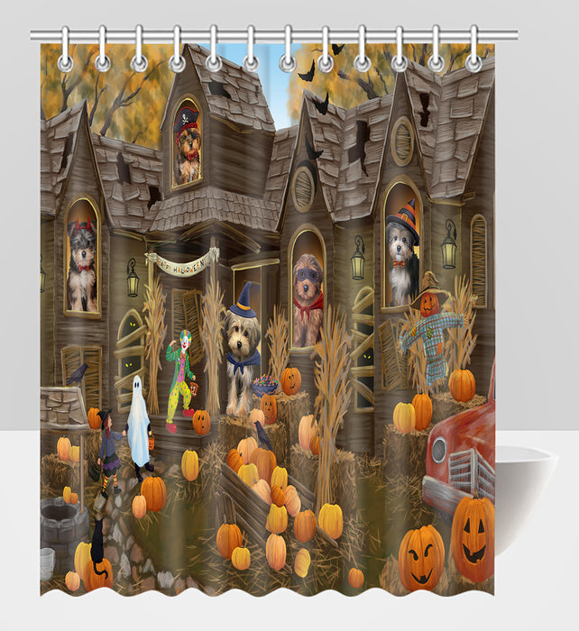 Haunted House Halloween Trick or Treat Yorkipoo Dogs Shower Curtain