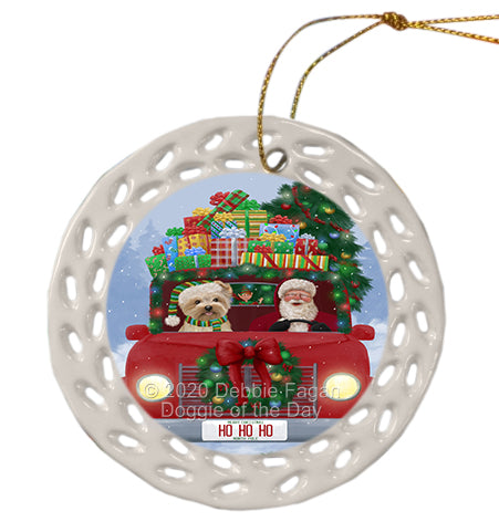 Christmas Honk Honk Red Truck with Santa and Yorkipoo Dog Doily Ornament DPOR59406