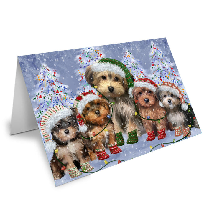 Christmas Lights and Yorkipoo Dogs Handmade Artwork Assorted Pets Greeting Cards and Note Cards with Envelopes for All Occasions and Holiday Seasons