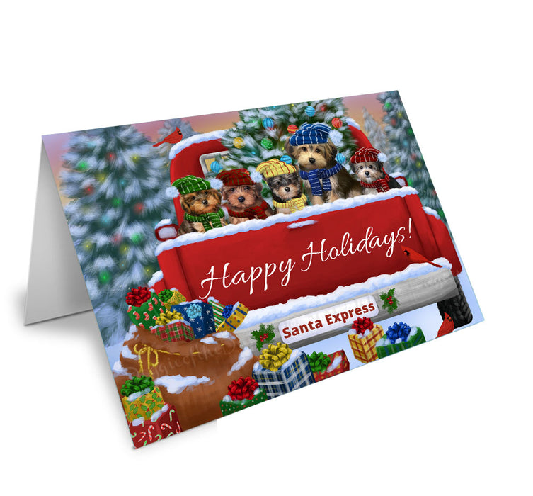 Christmas Red Truck Travlin Home for the Holidays Yorkipoo Dogs Handmade Artwork Assorted Pets Greeting Cards and Note Cards with Envelopes for All Occasions and Holiday Seasons