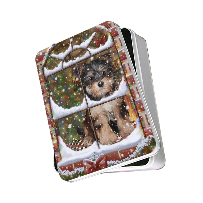 Please Come Home For Christmas Yorkipoo Dog Sitting In Window Photo Storage Tin PITN57571