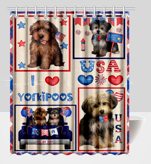 4th of July Independence Day I Love USA Yorkipoo Dogs Shower Curtain Pet Painting Bathtub Curtain Waterproof Polyester One-Side Printing Decor Bath Tub Curtain for Bathroom with Hooks
