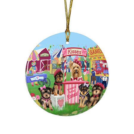 Carnival Kissing Booth Yorkshire Terriers Dog Round Flat Christmas Ornament RFPOR56409