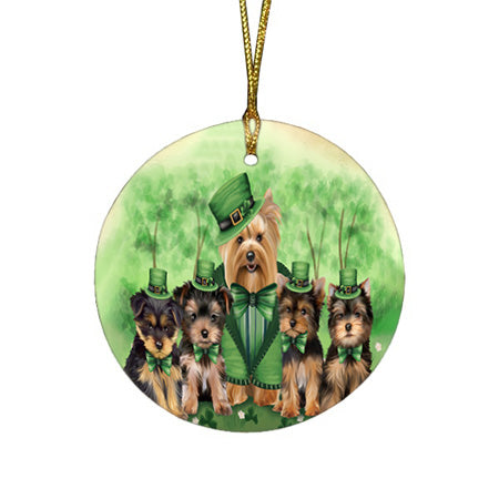 St. Patricks Day Irish Family Portrait Yorkshire Terriers Dog Round Flat Christmas Ornament RFPOR49429