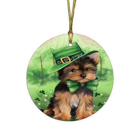 St. Patricks Day Irish Portrait Yorkshire Terrier Dog Round Flat Christmas Ornament RFPOR49430