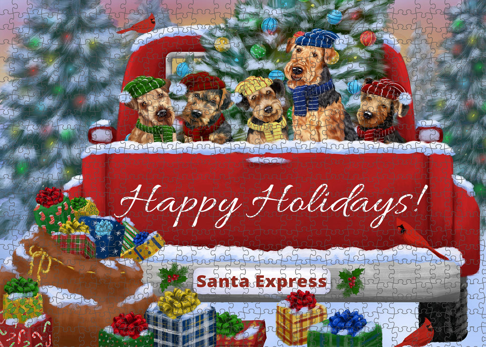 Christmas Red Truck Travlin Home for the Holidays Airedale Dogs Portrait Jigsaw Puzzle for Adults Animal Interlocking Puzzle Game Unique Gift for Dog Lover's with Metal Tin Box