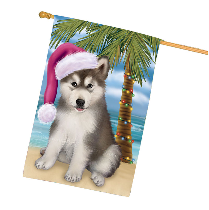 Christmas Summertime Beach Alaskan Malamute Dog House Flag Outdoor Decorative Double Sided Pet Portrait Weather Resistant Premium Quality Animal Printed Home Decorative Flags 100% Polyester FLG68637