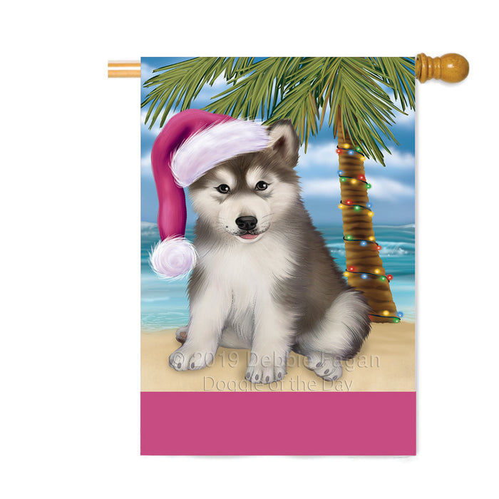 Personalized Summertime Happy Holidays Christmas Alaskan Malamute Dog on Tropical Island Beach Custom House Flag FLG-DOTD-A60423
