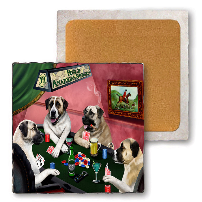 Set of 4 Natural Stone Marble Tile Coasters - Home of Anatolian Shepherd 4 Dogs Playing Poker MCST48068