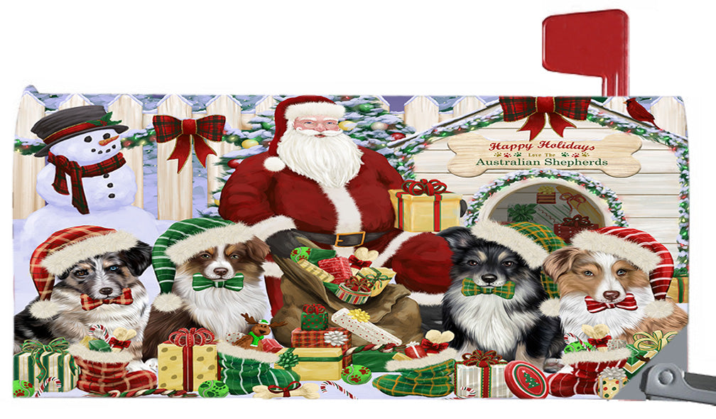 Happy Holidays Christmas Australian Shepherd Dogs House Gathering 6.5 x 19 Inches Magnetic Mailbox Cover Post Box Cover Wraps Garden Yard Décor MBC48782