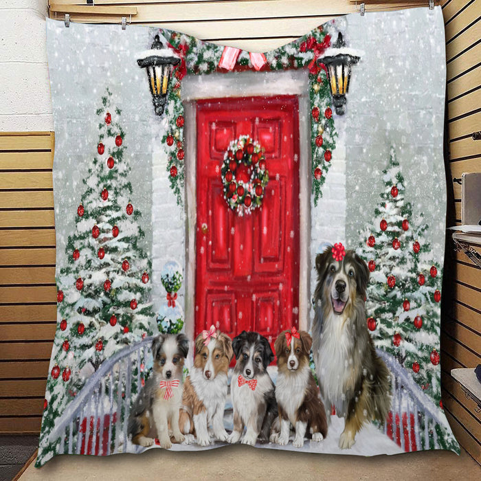 Christmas Holiday Welcome Australian Shepherd Dogs  Quilt Bed Coverlet Bedspread - Pets Comforter Unique One-side Animal Printing - Soft Lightweight Durable Washable Polyester Quilt