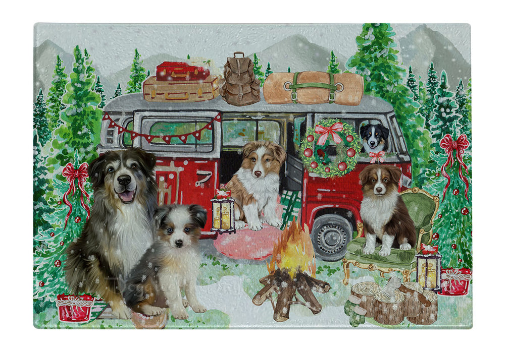 Christmas Time Camping with Australian Shepherd Dogs Cutting Board - For Kitchen - Scratch & Stain Resistant - Designed To Stay In Place - Easy To Clean By Hand - Perfect for Chopping Meats, Vegetables