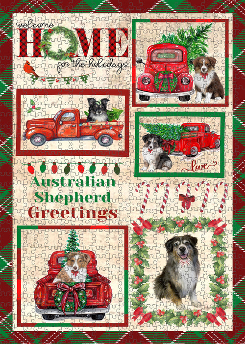 Welcome Home for Christmas Holidays Australian Shepherd Dogs Portrait Jigsaw Puzzle for Adults Animal Interlocking Puzzle Game Unique Gift for Dog Lover's with Metal Tin Box