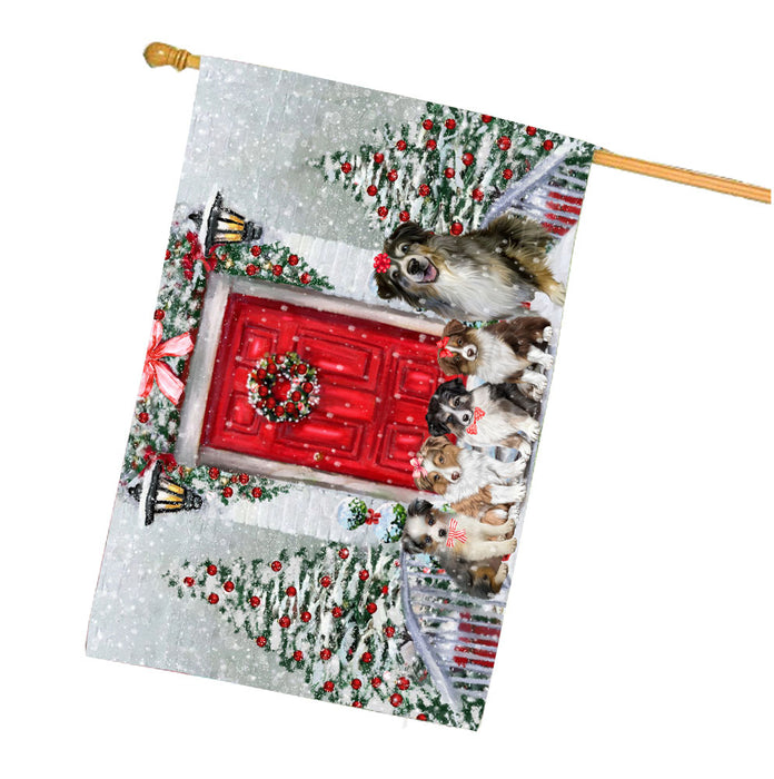 Christmas Holiday Welcome Australian Shepherd Dogs House Flag Outdoor Decorative Double Sided Pet Portrait Weather Resistant Premium Quality Animal Printed Home Decorative Flags 100% Polyester